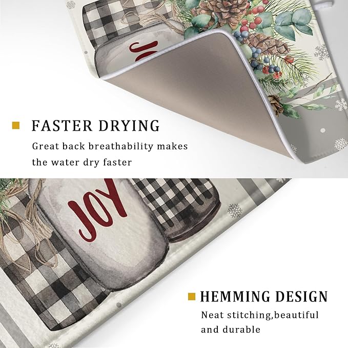 Christmas Dish Drying Mat for Kitchen Counter 18x24 Inch,Large Winter Poinsettia Berry Pinecone Grey Dish Drainer Rack Mats Heat Resistant Foldable Absorbent Draining Pad