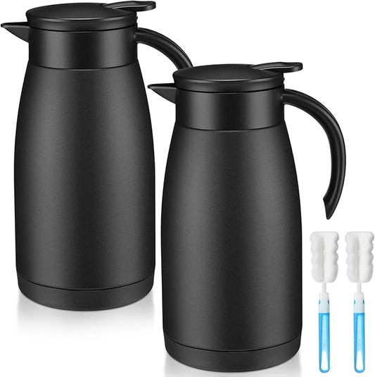 Uiifan 2 Pcs Thermal Coffee Carafe Insulated Stainless Steel Coffee Carafes for Keeping Hot and Cold Double Walled Vacuum Thermal Pot Flask with Brush for Water Milk Tea Home and Office(Black,34oz)