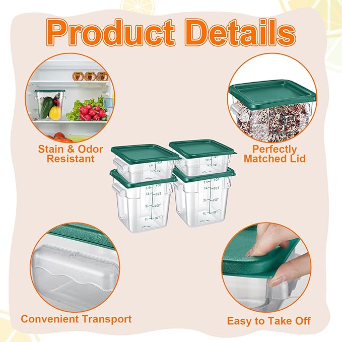 Suclain 8 Pcs Food Storage Container with Lids Set 2qt and 4qt Square Clear Commercial Containers with Scales Handles for Home Restaurant Kitchen Food Storage, Marinating Meat, Proof Dough (Green)