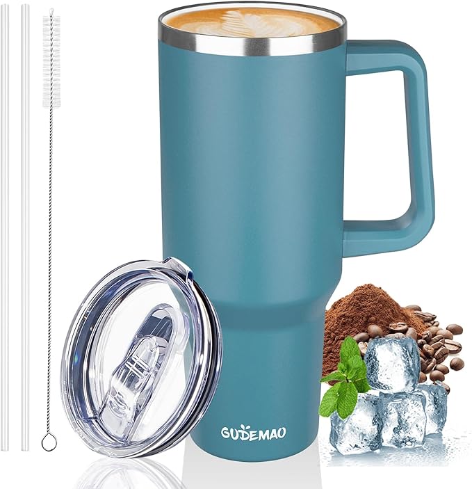 40 oz Insulated Coffee Mug with Ceramic Coating, Stainless Steel Travel Coffee Tumbler with Handle Lid and Straw, Double Wall Leak-Proof Coffee Travel Mug Keeps Drink Hot and Cold (Lake Green)