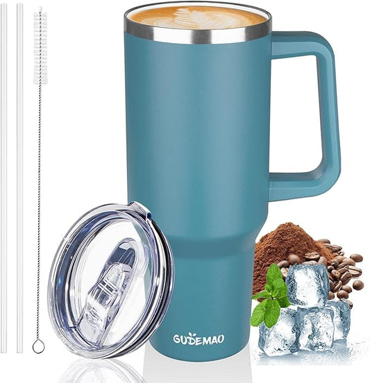 40 oz Insulated Coffee Mug with Ceramic Coating, Stainless Steel Travel Coffee Tumbler with Handle Lid and Straw, Double Wall Leak-Proof Coffee Travel Mug Keeps Drink Hot and Cold (Lake Green)