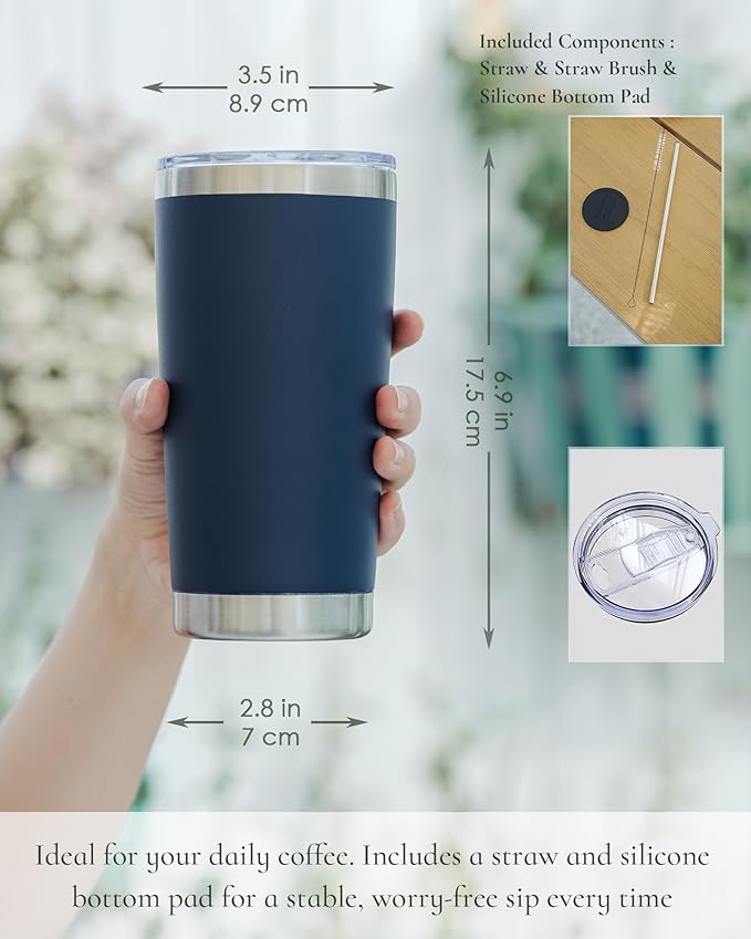 Travel Coffee Tumbler 20oz, 1 Pack Leakproof Travel Coffee Mug with Lid and Straw, Stainless Steel Double Wall Vacuum Insulated Tumbler for Hot/Iced Drinks (Textured Matte, Navy Blue)