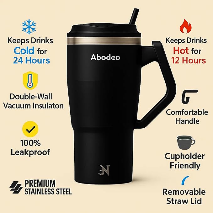 32 oz Stainless Steel Travel Coffee Tumbler with 360° Rotating Handle – Insulated Mug with Straw & Leakproof Lid | Spill Proof Tumblers - Fits Most Car Cup Holders, Hot & Cold Drinks (Black)