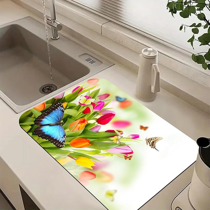 Tulips Butterflies Dish Drying Mats for Kitchen Counter Absorbent Fast Dry Dish Drainer Rack Mats for Dishes Utensils Pot and Pan, Kitchen Accessories 24"x16"