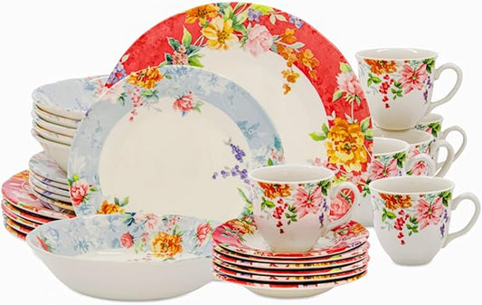 Tudor Royal Collection 30-Piece Porcelain Round Dinnerware Set, Service for 6, Crimson Design, Summer Flowers, Plates Bowls Mugs Dishes, Glossy, Premium Quality Tableware