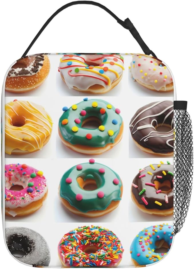 Realistic Donut Pattern Insulated Lunch Box Gifts for Kids Adults Funny Colorful Sweet Food Design Reusable Portable Lunchbox Cooler Lunchbag for Work Picnic School Travel or Hiking