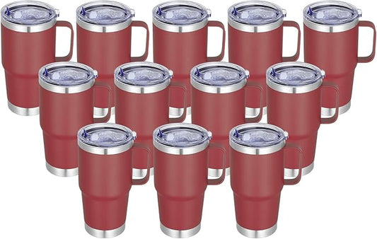 20 oz Stainless Steel Tumbler with Handle Bulk Metal Insulated Tumblers Travel Coffee Mug with Handle Double Wall Tumbler Cup with Lid and Straw, Wine Red 12 Pack