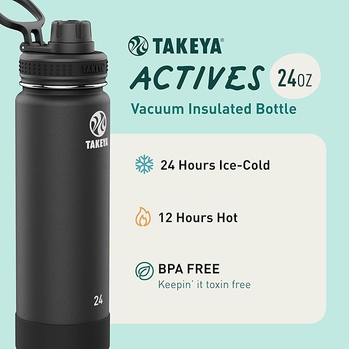 Takeya Actives Water Bottle with Spout Lid - Bottle with Double Stainless Steel Insulation - Dishwasher Safe & BPA-Free - Bottle with Spout Lid & Removable Bumper - 24 oz, Onyx