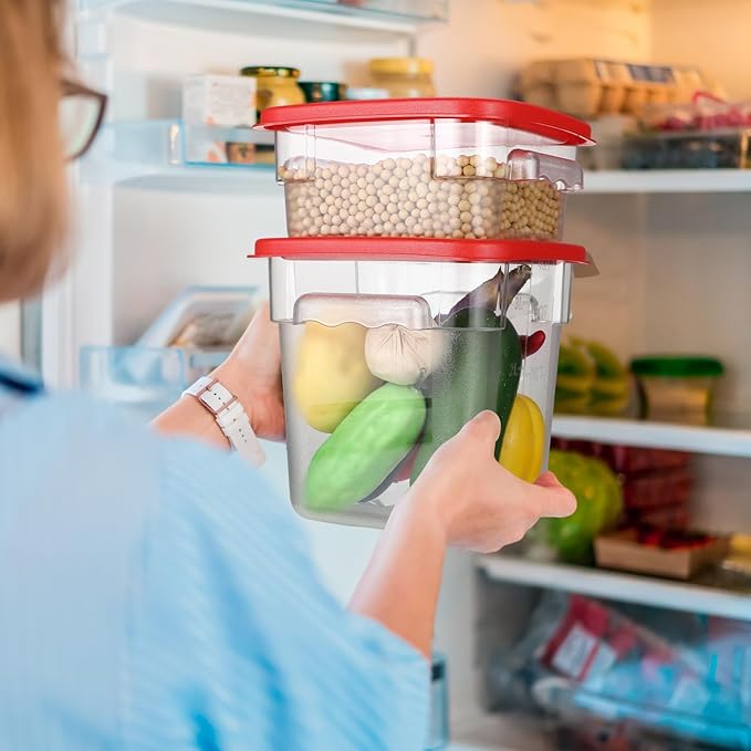 Suclain 8 Pcs Food Storage Container with Lids Set 2qt and 4qt Square Clear Commercial Containers with Scales Handles for Home Restaurant Kitchen Food Storage, Marinating Meat, Proof Dough (Red)