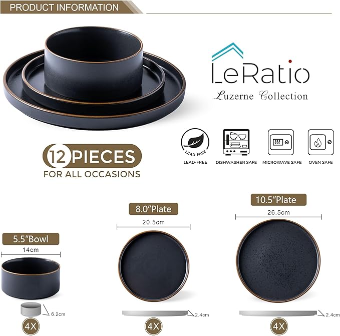 LERATIO Ceramic Dinnerware Sets for 4,Matte Stoneware Plates and Bowls Set, Chip and Crack Resistant | Oven & Dishwasher & Microwave Safe Dishes Set, Service for 4-Ashen Gold Rim