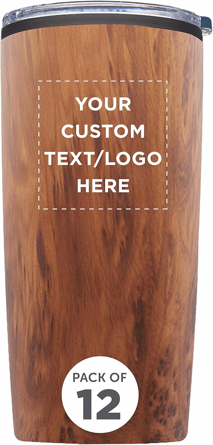 Custom Plastic Tumblers 20 oz. Set of 12, Personalized Bulk Pack - With lids, Ice Coffee Tumbler, To Go Cup, Insulated - Wood