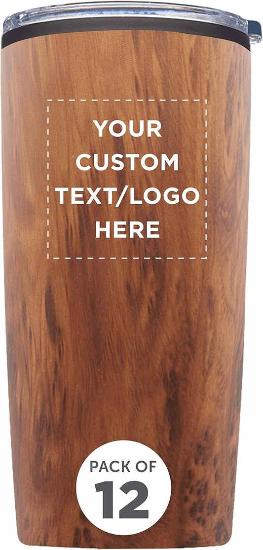 Custom Plastic Tumblers 20 oz. Set of 12, Personalized Bulk Pack - With lids, Ice Coffee Tumbler, To Go Cup, Insulated - Wood