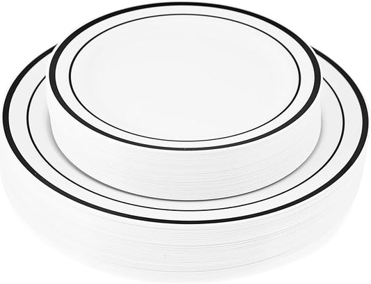 120-Piece Plastic Plates Set Premium 60 Dinner & 60 Salad Plates Pack, Disposable Plates for Party - White Plastic with Black Rim