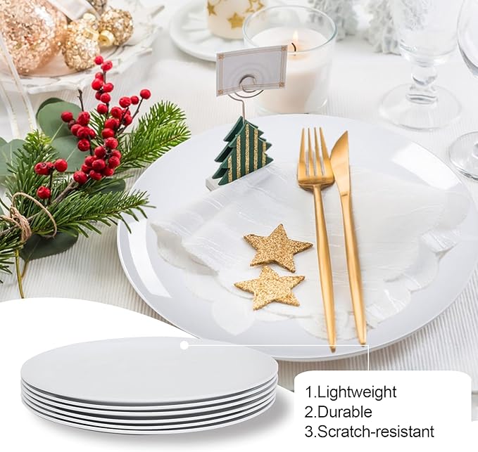 White Melamine Dinner Plates，6pcs Dishes Set，10inch Lightweight Round Plates，Scratch Resistant Unbreakable Serving Dishes，White
