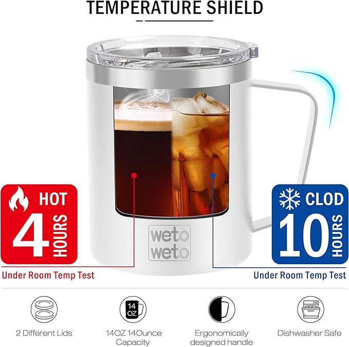 WETOWETO 14 oz Coffee Mug, Vacuum Insulated Camping Mug with Lid, Double Wall Stainless Steel Travel Tumbler Cup, Coffee Mugs Outdoor, Powder Coated White