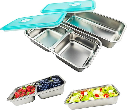 2-Pack Stainless Steel Food Containers Set - Reusable Metal Bento Box for Meal Prep, Portion Control, Lunch & Fruit - Small Travel Snack Container Portable & 1x 2-Compartment, 1x 1-Compartment