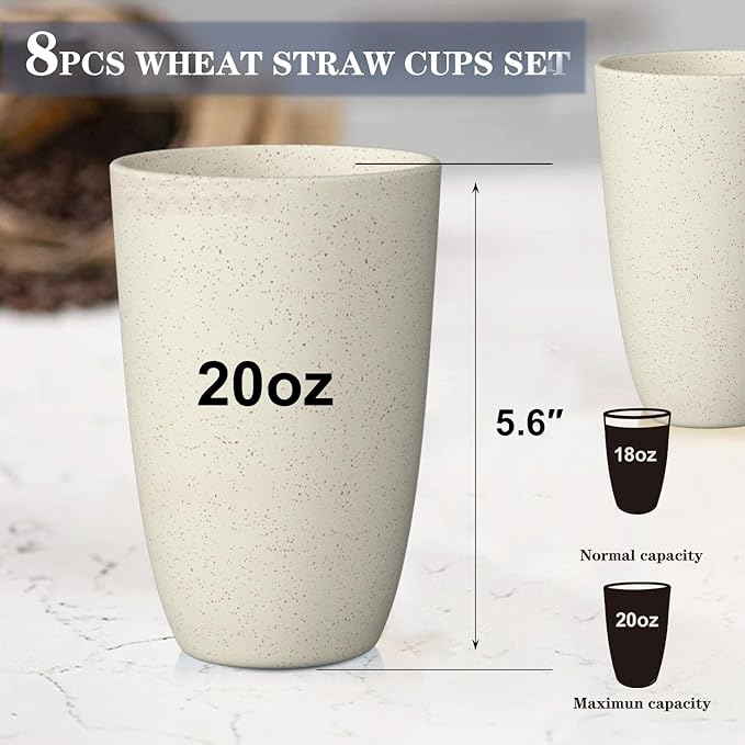 Homienly Cups for Kitchen Unbreakable Wheat Straw Cups 8 PCS Alternative to Plastic Cups Stackable Drinking Cup Reusable Dishwasher Safe Water Glasses with Beige Color (20 OZ)
