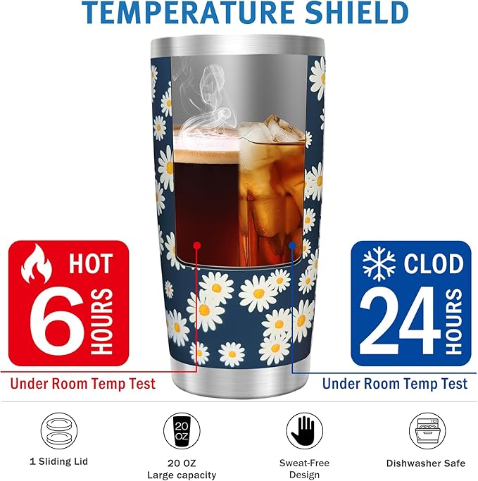 WETOWETO 20oz Tumbler with 2 lids and 2 straws, Stainless Steel Vacuum Insulated Water Coffee Tumbler Cup with Handle, Double Wall Powder Coated Spill-Proof Travel Mug (Daisy Flower, 1 Pack)