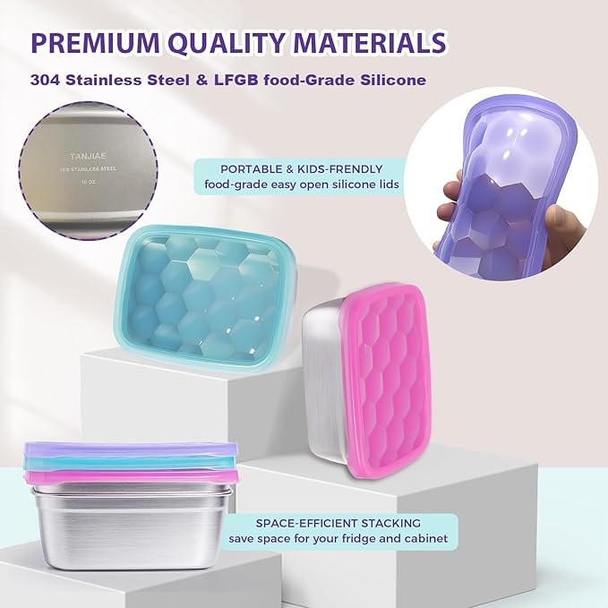 3-Pack Stainless Steel Snack Containers for Kids & Toddlers - 550ml (18oz) Leakproof Reusable Food Containers with LFGB Certified Lids | Stackable Metal Lunch Box for Daycare, School, Travel