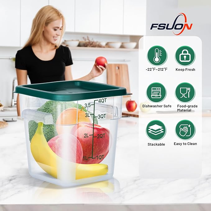 4 Pack Clear Food Storage Containers with Lids and Handles Polycarbonate Square Commercial Food Containers, NSF (4Qt)