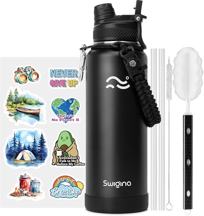 [2-IN-1 LID] Insulated Water Bottle with Silicone Boot (36hrs Cold/18hrs Hot) - DIY Stickers, Leakproof, BPA Free, 40 oz