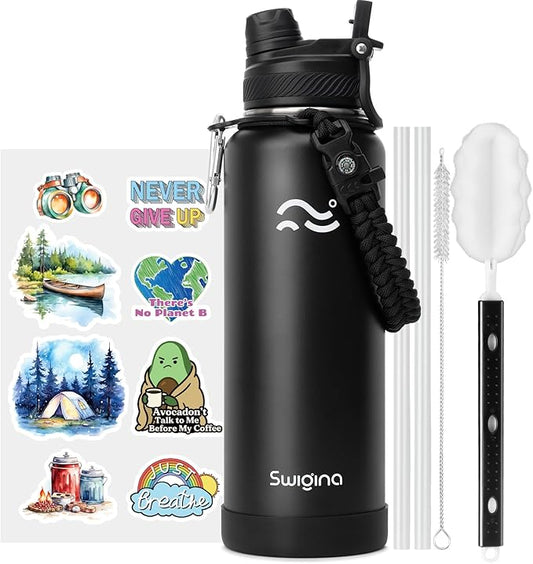 [2-IN-1 LID] Insulated Water Bottle with Silicone Boot (36hrs Cold/18hrs Hot) - DIY Stickers, Leakproof, BPA Free, 40 oz