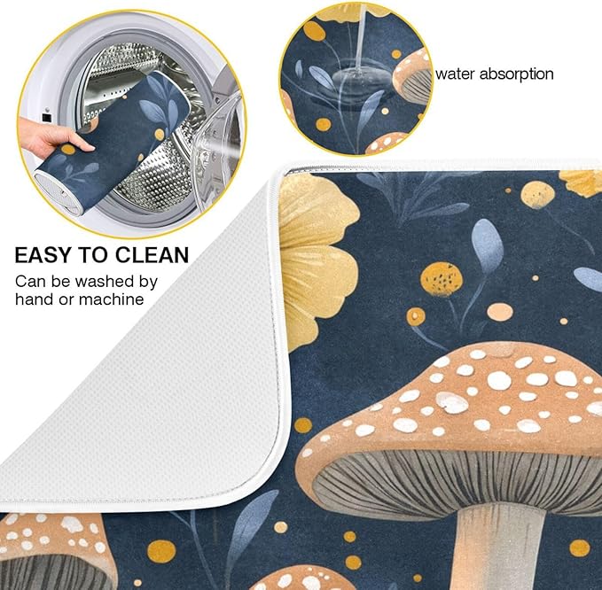 Wildflowers and Mushrooms Dish Drying Mat for Kitchen Counter Super Absorbent Dishes Pad Reversible Microfiber Protector Dish Draining Mats 18x24 inch