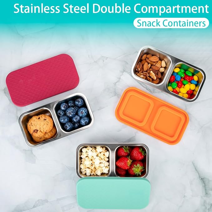 3 Pack Stainless Steel Snack Containers, 2 Compartment Snack Containers with Lids, Reusable Food Storage Containers for Travel, Outdoor, Camping(Orange/Red/Blue)
