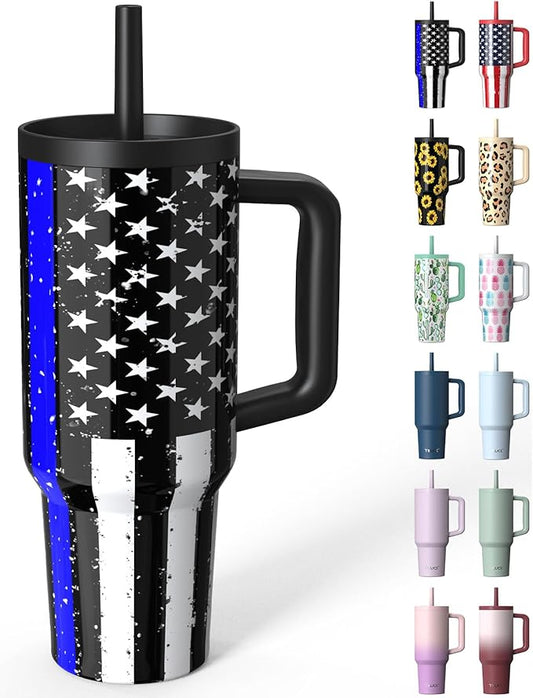TILUCK 40 oz Tumbler with Handle, Vacuum Insulated Stainless Steel Travel Mug with 100% Leak-Proof Silicone Straw Lid, Cupholder Friendly Water Bottle(BlackFlag, 40oz)