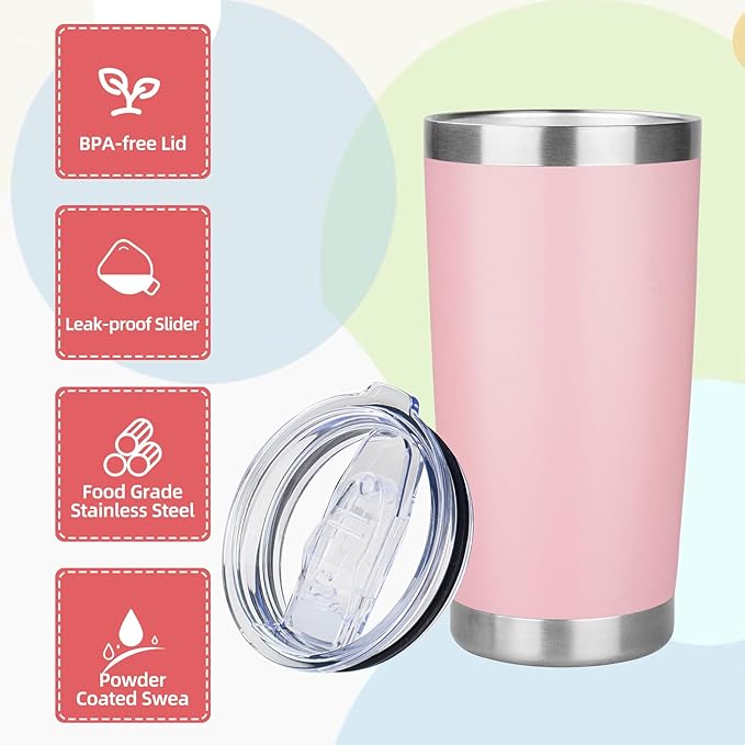 20oz Tumbler with Lid Stainless Steel Insulated Tumblers Travel Coffee Tumbler Bulk Double Wall Vacuum Insulated Water Cup Christmas Gifts for Women Men Her Him Home Office (Pink, 4pack)