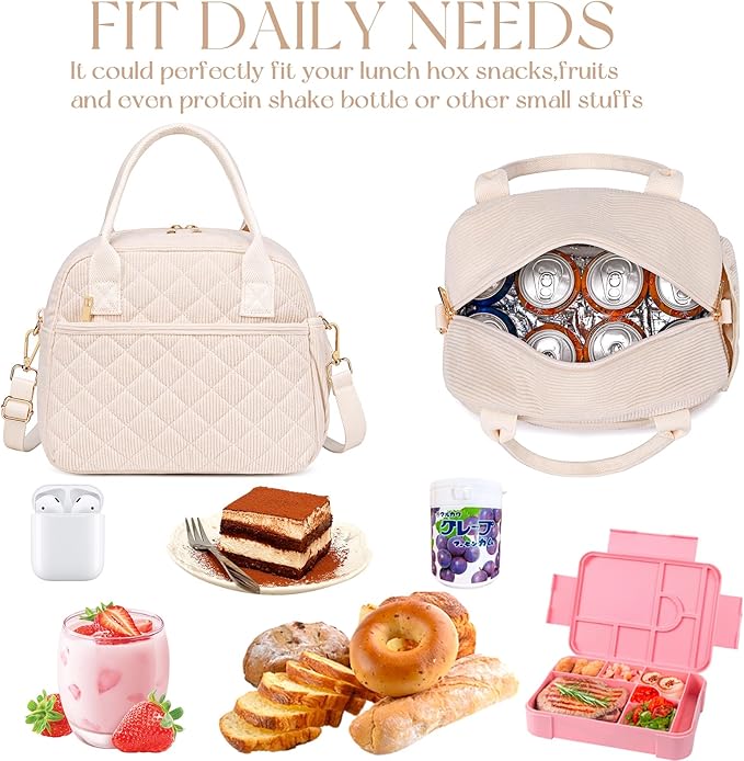 CAMTOP Lunch Box for Women Insulated Lunch Bag Lunchbox Cooler Thermal Leakproof Quilted Reusable Lunch Tote Bag for Work School Travel Picnic (Z-Beige)