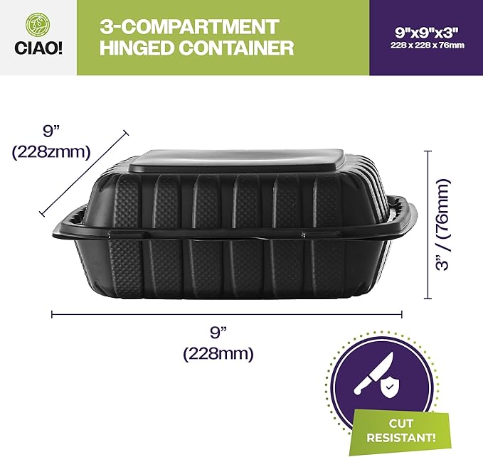 CIAO! 9"x9"x3" MFPP Black Hinged Container With Lid 3 Compartment (Case of 150)