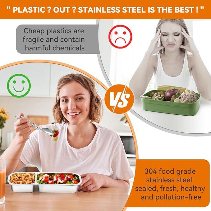 Stainless Steel Snack Containers with Lids & Spork, Reusable 2 Compartment Condiment Boxes, Divided Grab Food Storage Containers, Sauce Cups for Home, Travel (2 Compartments)