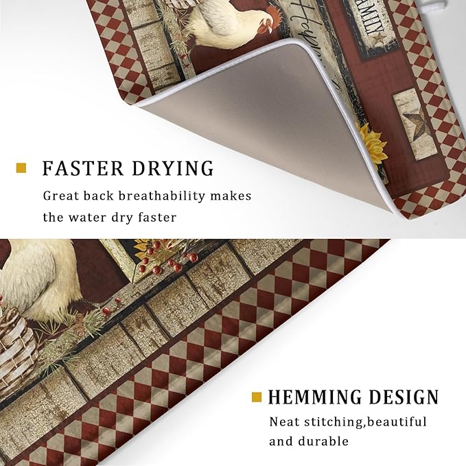 Vintage Rooster Dish Drying Mat 18x24 Inch Farmhouse Chicken Dish Drainer Pad Microfiber Absorbent Fast Dry Kitchen Counter Accessories