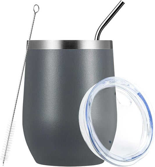 MEWAY Stemless 12oz Wine Tumbler Glasses with Lid -Insulated Double Wall Vacuum Stainless Steel Travel Tumbler with Straw,for Woman Under 10 dollars (Gray,Set of 1)