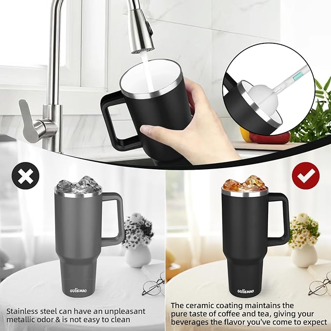 40 oz Insulated Coffee Mug with Ceramic Coating, Stainless Steel Travel Coffee Tumbler with Handle Lid and Straw, Double Wall Leak-Proof Coffee Travel Mug Keeps Drink Hot and Cold (Black)