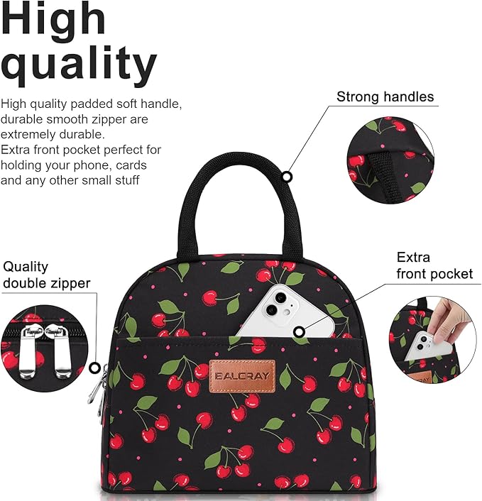 BALORAY Lunch Bag for Women Men Insulated Lunch Box for Adult Reusable Lunch Tote Bag for Work, Picnic or Travel (Cherry, M)