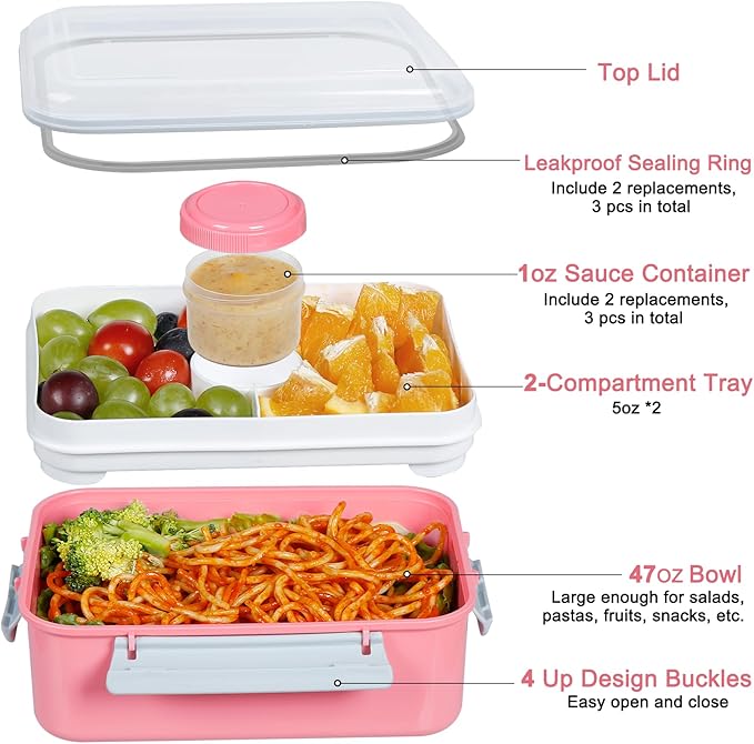3 Pack Salad Lunch Box Food Storage Containers, 47oz Bento Box To Go Container with Lids, Meal Prep Containers with Removable Tray & Dressing Pots for Kids and Adults, Reusable and Microwave Safe