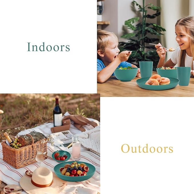 Wrova Wheat straw plates and bowls set of 16 - Unbreakable wheat straw dinnerware sets for kids - Alternative plastic dinnerware set service for 4 - Microwave safe and Dishwasher safe bowls. Green