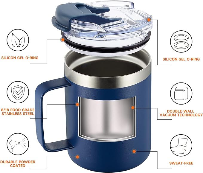 ALOUFEA 12oz Insulated Coffee Mug Cup with Handle, Stainless Steel Travel Coffee Mug with Flip Lid, Double Wall Vacuum Coffee Tumbler,Ocean Teal
