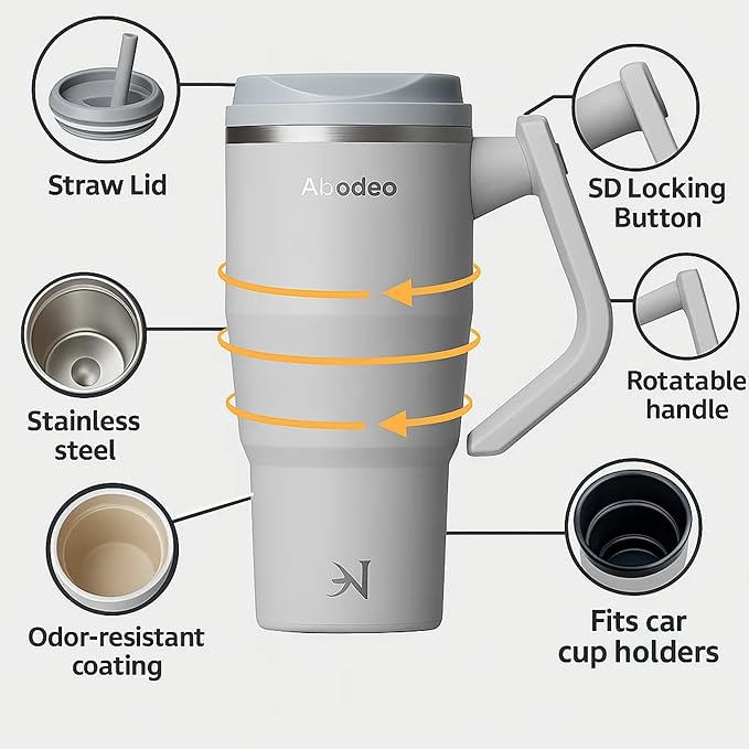 40 oz Travel Coffee Tumbler with Straw, Detachable Handle & Leakproof Lid | Stainless Steel Water Bottle for Hot & Cold Drinks – Insulated Reusable Flask, Fits Car Cup Holders (Grey)