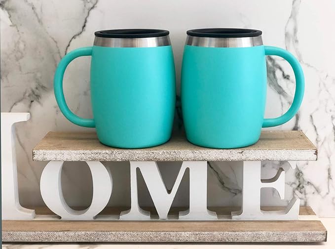 Stainless Steel Insulated Coffee Mugs Set of 2 (14oz) Double Wall Coffee Cups With Spill Resistant Lid & Handle – Shatterproof Cups for Cold & Hot Drinks for Indoor & Outdoor Use (Aqua Blue)