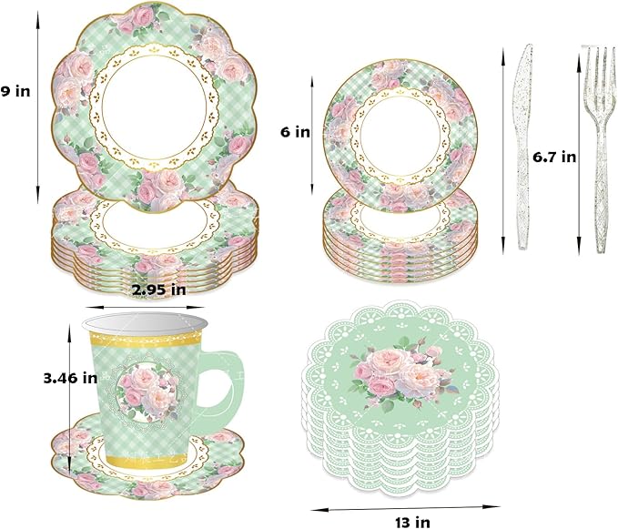 168 Pcs Floral Paper Tea Cups and Saucers Set, Severs Disposable Tea Party Supplies 6 Inch Plate, Saucer, Napkin, Paper Tea Cups with Handle for Tea Party Decorations