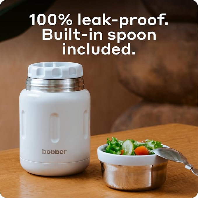 BOBBER Jerrycan - 24 Oz Insulated Stainless Steel Thermo Food Jar With Extra-Wide Mouth, Built-in Spoon and Bowl - Keeps Hot for 14 Hours and Cold for 20 Hours (Grey)