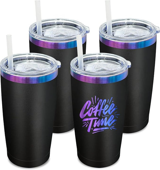 20 oz Tumbler Bulk 4 Pack Stainless Steel Tumblers with Lids and Straws, Double Wall Vacuum Insulated Travel Coffee Mug for Laser Engrave, Powder Coated Cups for Hot and Cold Drinks (Black,4 pack)