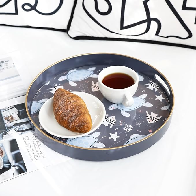 Spsyrine Decorative Serving Tray with Handles, Lacquered Coffee Table Tray for Ottoman, Round Waterproof Platters for Centerpieces, Parties, Living Room, Kitchen Counter Organization Turtle