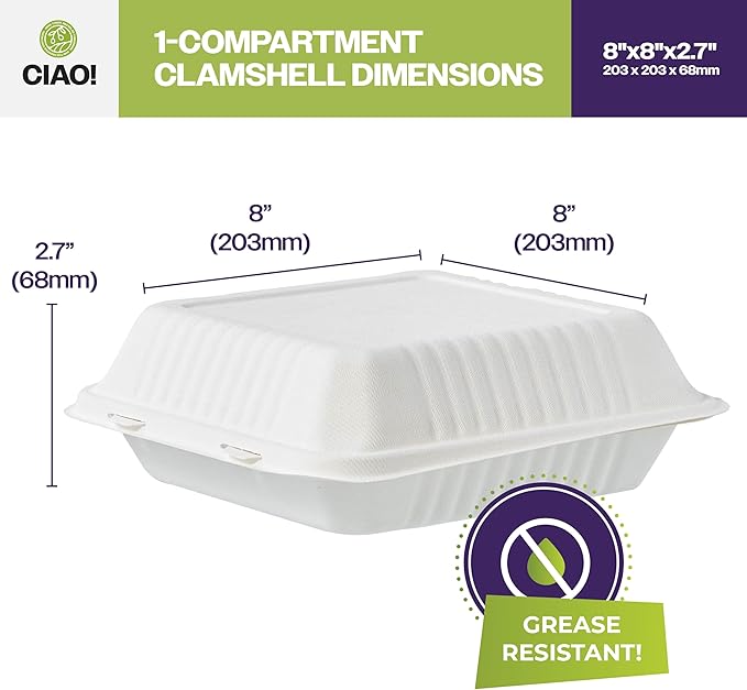 CIAO! 8"x8"x3" Clamshell 1 Compartment 100% Compostable Ecofriendly PFAS Free Unbleached Bagasse Natural White (200/case)