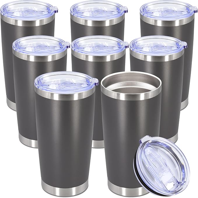 20oz Tumbler Bulk Stainless Steel Tumbler Cup with Lid Vacuum Insulated Double Wall Travel Mug, Durable Powder Coated Travel Coffee Tumbler Mug for Hot & Cold Drinks, Grey,8 Pack