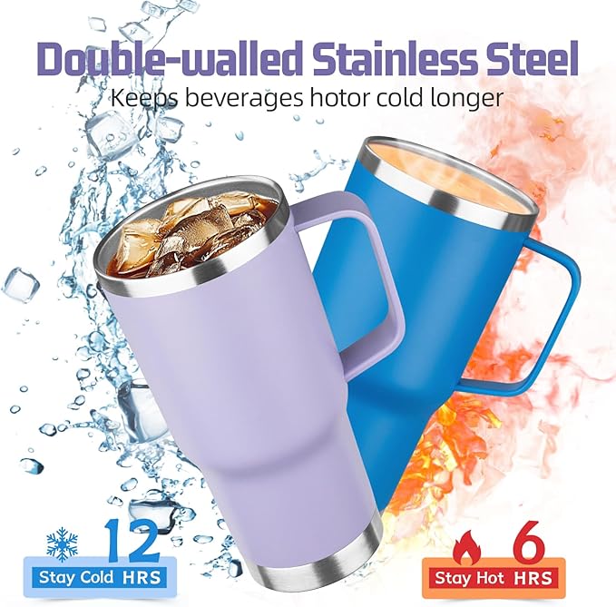 20 oz Tumbler with Handle Stainless Steel Insulated Coffee Mug Tumbler with Lid and Straw Double Wall Vacuum Insulated Coffee Mug Leak Proof Travel Tumbler for Hot and Cold Drink (Pale Purple,1pack)