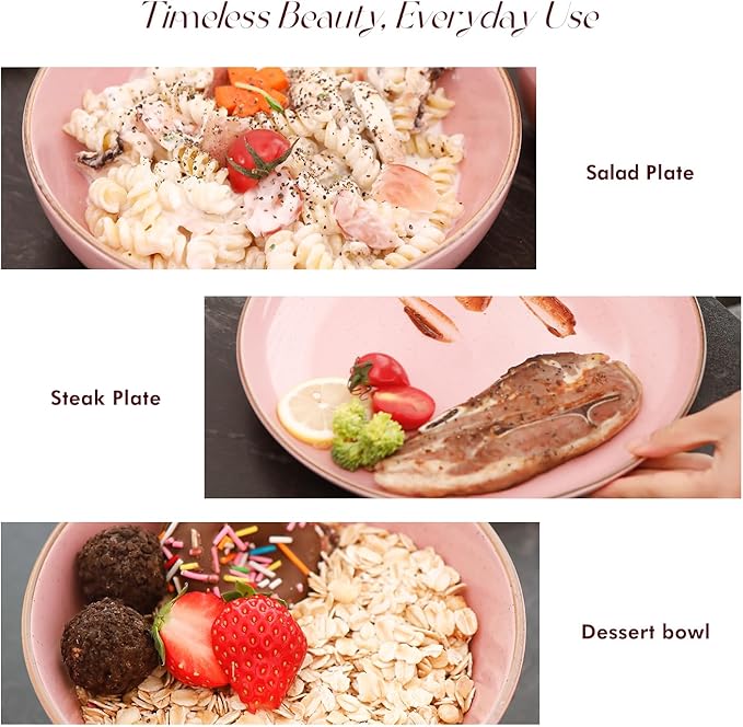 HomeVss 20-Piece Dinnerware Set - Serves 4, Shiny Glaze Pink with Speckle Effect Plates & Bowls Set | Microwave & Dishwasher Safe